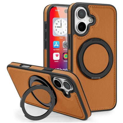 For iPhone 16 Plus Magnetic Case Rotate Ring Kickstand PU Leather+PC+TPU Back Cover