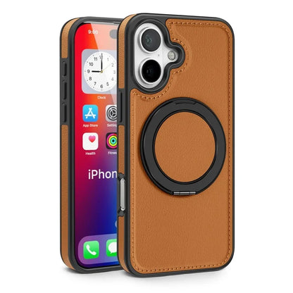 For iPhone 16 Plus Magnetic Case Rotate Ring Kickstand PU Leather+PC+TPU Back Cover