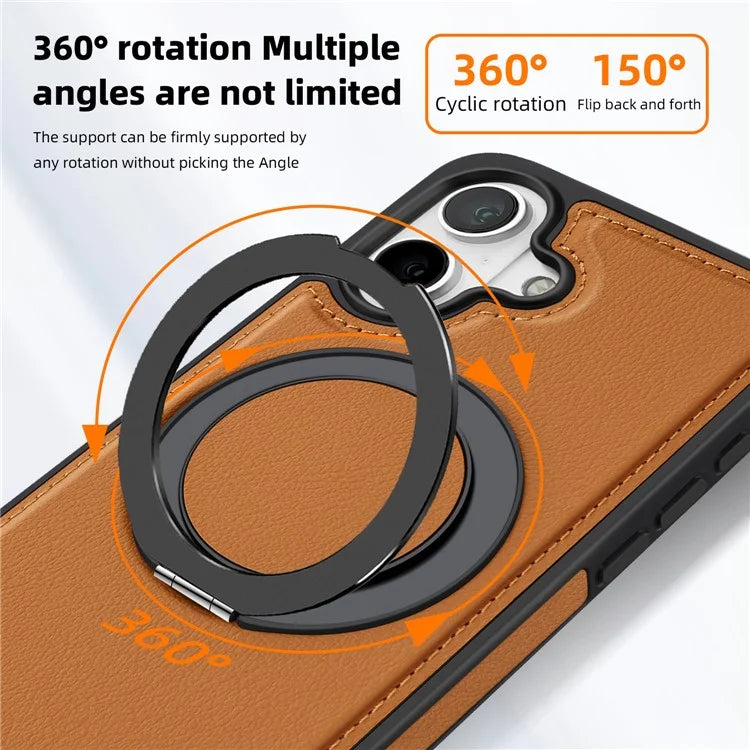For iPhone 16 Plus Magnetic Case Rotate Ring Kickstand PU Leather+PC+TPU Back Cover