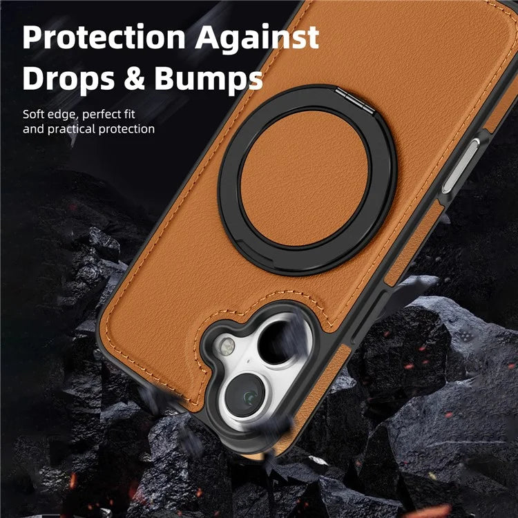 For iPhone 16 Plus Magnetic Case Rotate Ring Kickstand PU Leather+PC+TPU Back Cover