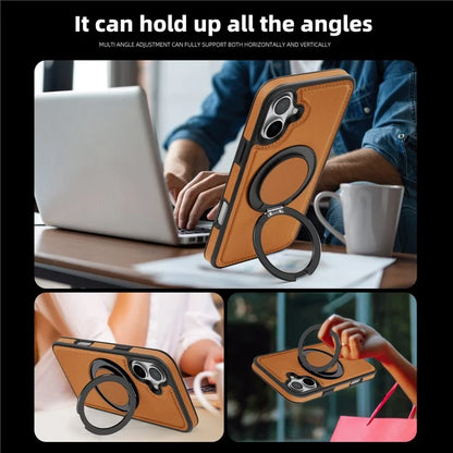 For iPhone 16 Plus Magnetic Case Rotate Ring Kickstand PU Leather+PC+TPU Back Cover