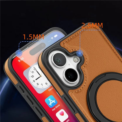 For iPhone 16 Plus Magnetic Case Rotate Ring Kickstand PU Leather+PC+TPU Back Cover