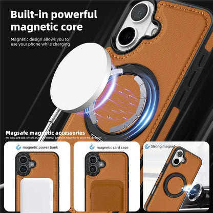 For iPhone 16 Plus Magnetic Case Rotate Ring Kickstand PU Leather+PC+TPU Back Cover