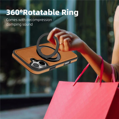 For iPhone 16 Plus Magnetic Case Rotate Ring Kickstand PU Leather+PC+TPU Back Cover