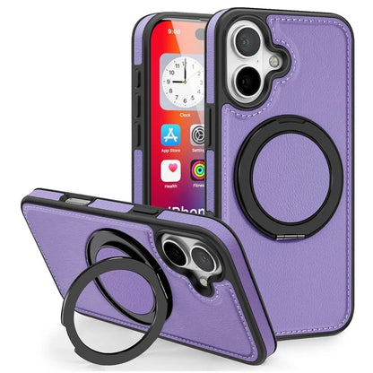 For iPhone 16 Plus Magnetic Case Rotate Ring Kickstand PU Leather+PC+TPU Back Cover