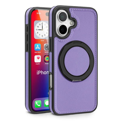 For iPhone 16 Plus Magnetic Case Rotate Ring Kickstand PU Leather+PC+TPU Back Cover