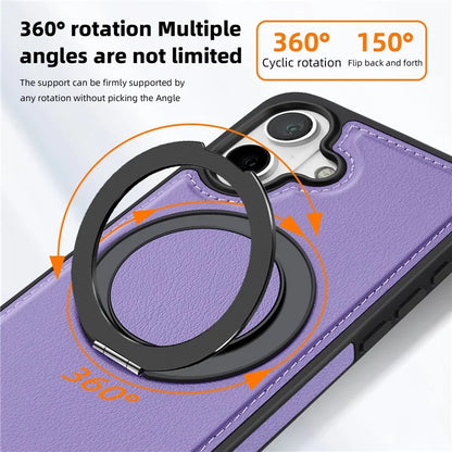 For iPhone 16 Plus Magnetic Case Rotate Ring Kickstand PU Leather+PC+TPU Back Cover
