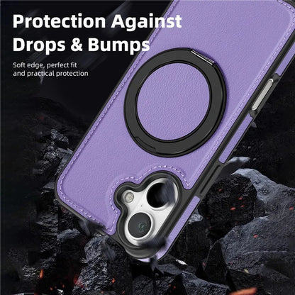 For iPhone 16 Plus Magnetic Case Rotate Ring Kickstand PU Leather+PC+TPU Back Cover