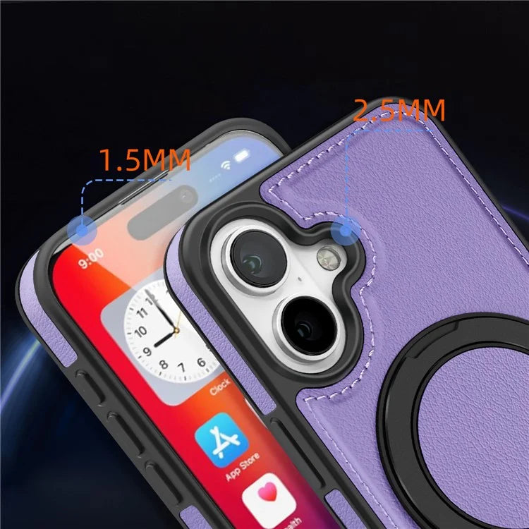 For iPhone 16 Plus Magnetic Case Rotate Ring Kickstand PU Leather+PC+TPU Back Cover
