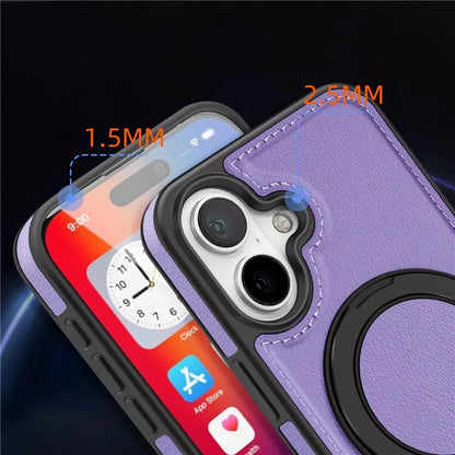 For iPhone 16 Plus Magnetic Case Rotate Ring Kickstand PU Leather+PC+TPU Back Cover