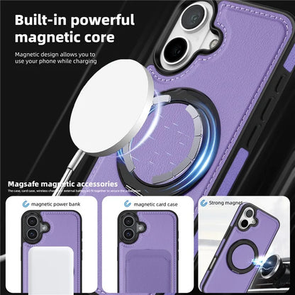 For iPhone 16 Plus Magnetic Case Rotate Ring Kickstand PU Leather+PC+TPU Back Cover