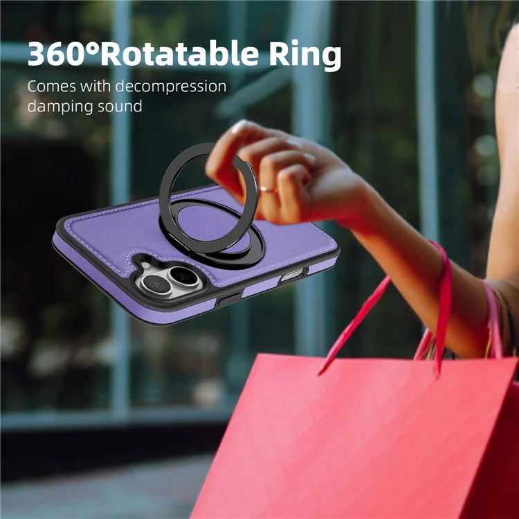 For iPhone 16 Plus Magnetic Case Rotate Ring Kickstand PU Leather+PC+TPU Back Cover