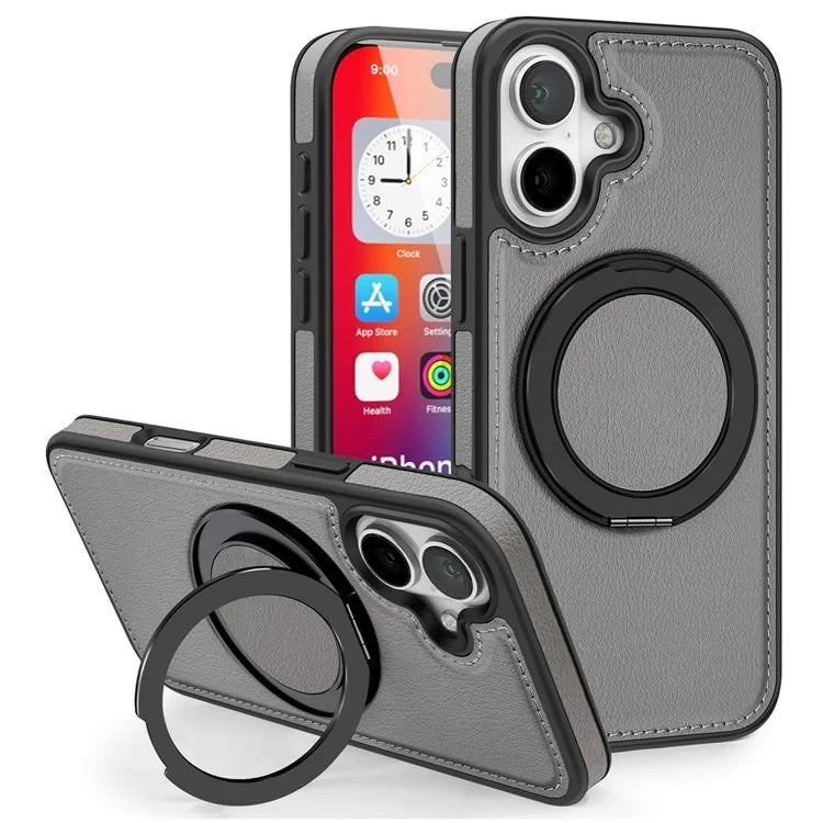 For iPhone 16 Magnetic Case Rotate Ring Kickstand PU Leather+PC+TPU Back Cover