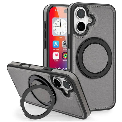 For iPhone 16 Magnetic Case Rotate Ring Kickstand PU Leather+PC+TPU Back Cover