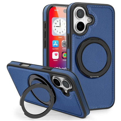 For iPhone 16 Magnetic Case Rotate Ring Kickstand PU Leather+PC+TPU Back Cover