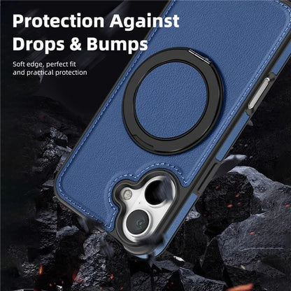 For iPhone 16 Magnetic Case Rotate Ring Kickstand PU Leather+PC+TPU Back Cover