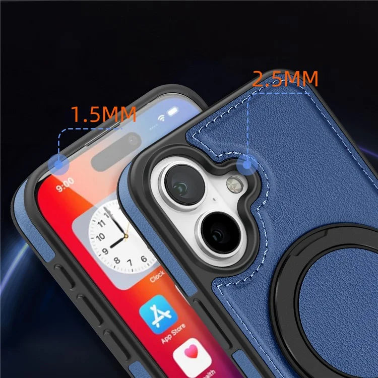 For iPhone 16 Magnetic Case Rotate Ring Kickstand PU Leather+PC+TPU Back Cover