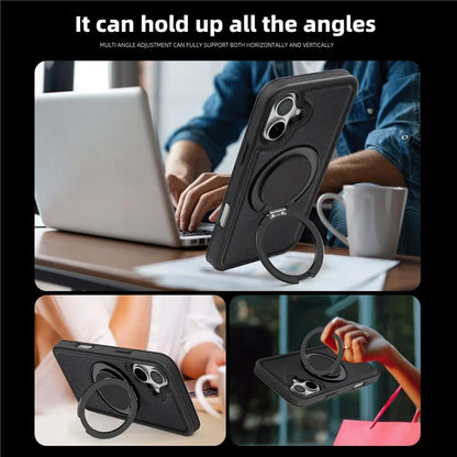 For iPhone 16 Magnetic Case Rotate Ring Kickstand PU Leather+PC+TPU Back Cover