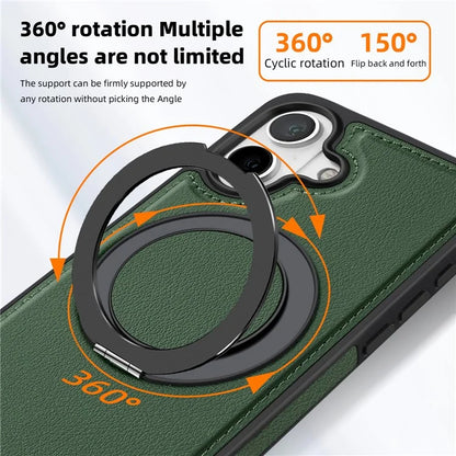 For iPhone 16 Magnetic Case Rotate Ring Kickstand PU Leather+PC+TPU Back Cover