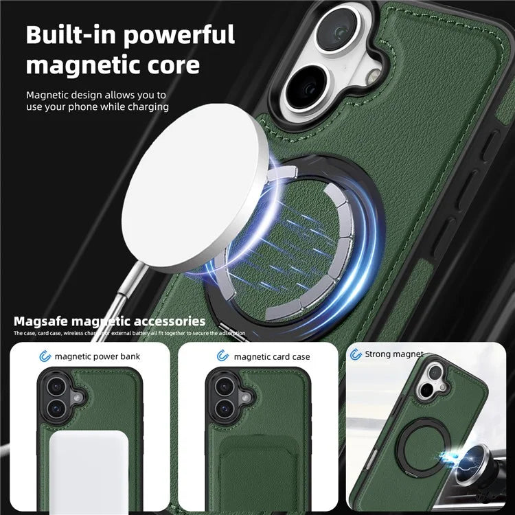 For iPhone 16 Magnetic Case Rotate Ring Kickstand PU Leather+PC+TPU Back Cover