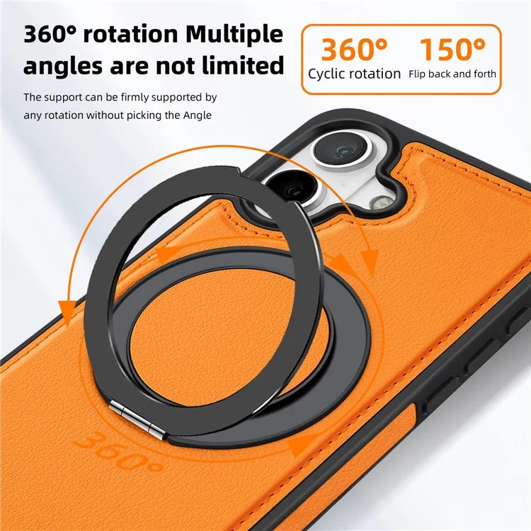 For iPhone 16 Magnetic Case Rotate Ring Kickstand PU Leather+PC+TPU Back Cover