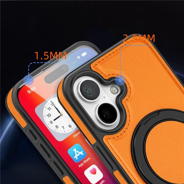For iPhone 16 Magnetic Case Rotate Ring Kickstand PU Leather+PC+TPU Back Cover