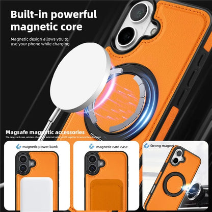 For iPhone 16 Magnetic Case Rotate Ring Kickstand PU Leather+PC+TPU Back Cover