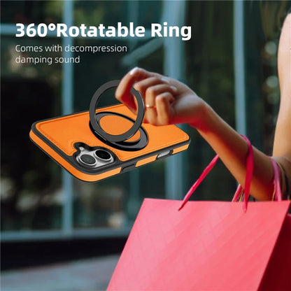 For iPhone 16 Magnetic Case Rotate Ring Kickstand PU Leather+PC+TPU Back Cover