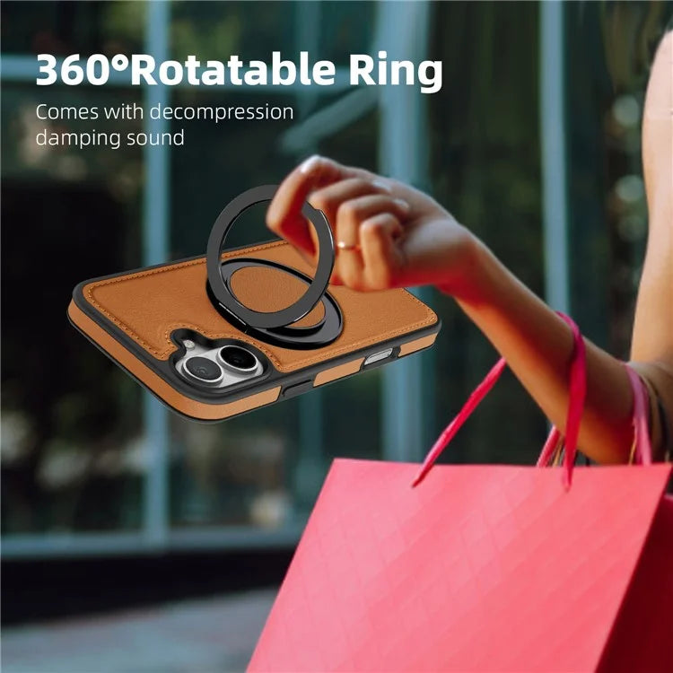 For iPhone 16 Magnetic Case Rotate Ring Kickstand PU Leather+PC+TPU Back Cover