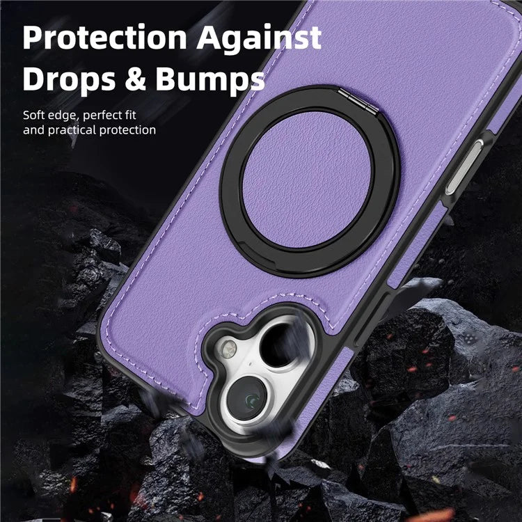 For iPhone 16 Magnetic Case Rotate Ring Kickstand PU Leather+PC+TPU Back Cover
