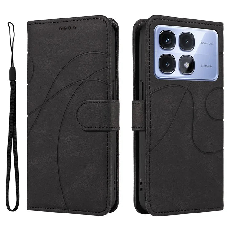 For Xiaomi Redmi K70 Ultra Case Stand Wallet Leather Phone Cover Curved Line Wrist Strap - Blue