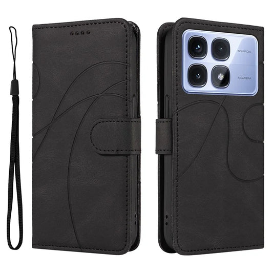 For Xiaomi Redmi K70 Ultra Case Stand Wallet Leather Phone Cover Curved Line Wrist Strap - Blue