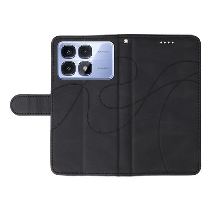 For Xiaomi Redmi K70 Ultra Case Stand Wallet Leather Phone Cover Curved Line Wrist Strap - Blue