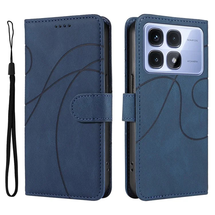 For Xiaomi Redmi K70 Ultra Case Stand Wallet Leather Phone Cover Curved Line Wrist Strap - Blue