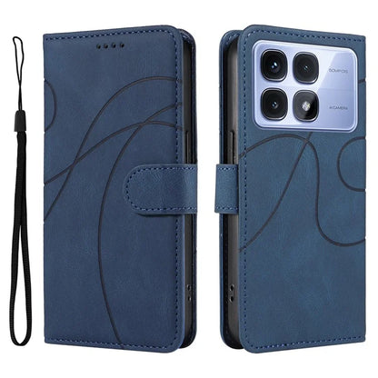For Xiaomi Redmi K70 Ultra Case Stand Wallet Leather Phone Cover Curved Line Wrist Strap - Blue