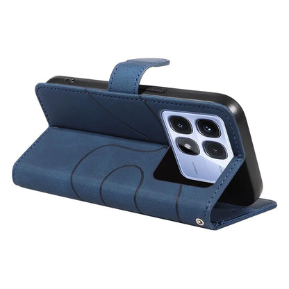 For Xiaomi Redmi K70 Ultra Case Stand Wallet Leather Phone Cover Curved Line Wrist Strap - Blue