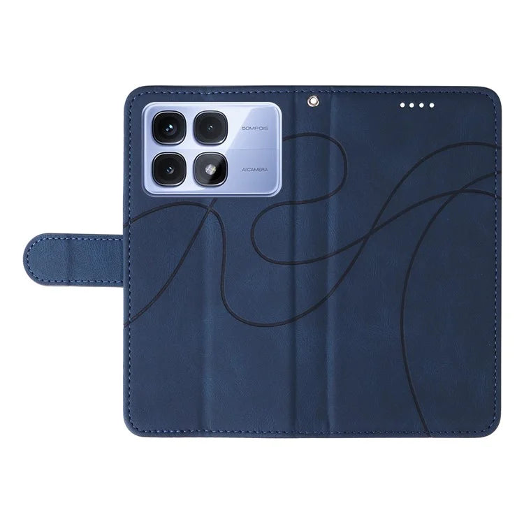 For Xiaomi Redmi K70 Ultra Case Stand Wallet Leather Phone Cover Curved Line Wrist Strap - Blue