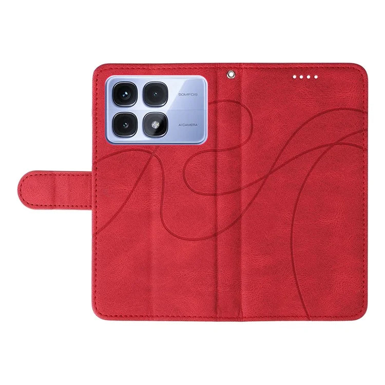 For Xiaomi Redmi K70 Ultra Case Stand Wallet Leather Phone Cover Curved Line Wrist Strap - Blue