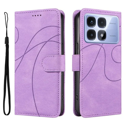 For Xiaomi Redmi K70 Ultra Case Stand Wallet Leather Phone Cover Curved Line Wrist Strap - Blue