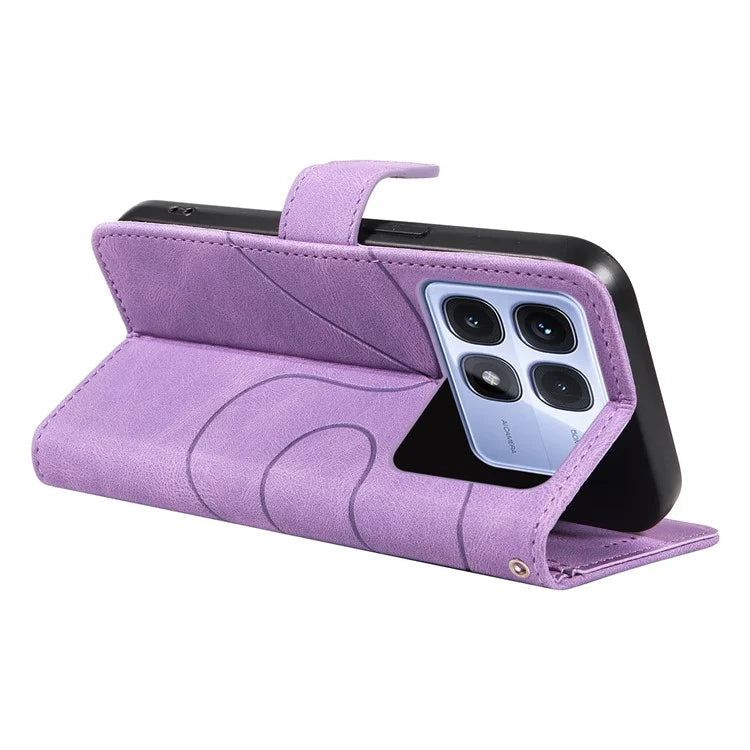 For Xiaomi Redmi K70 Ultra Case Stand Wallet Leather Phone Cover Curved Line Wrist Strap - Blue