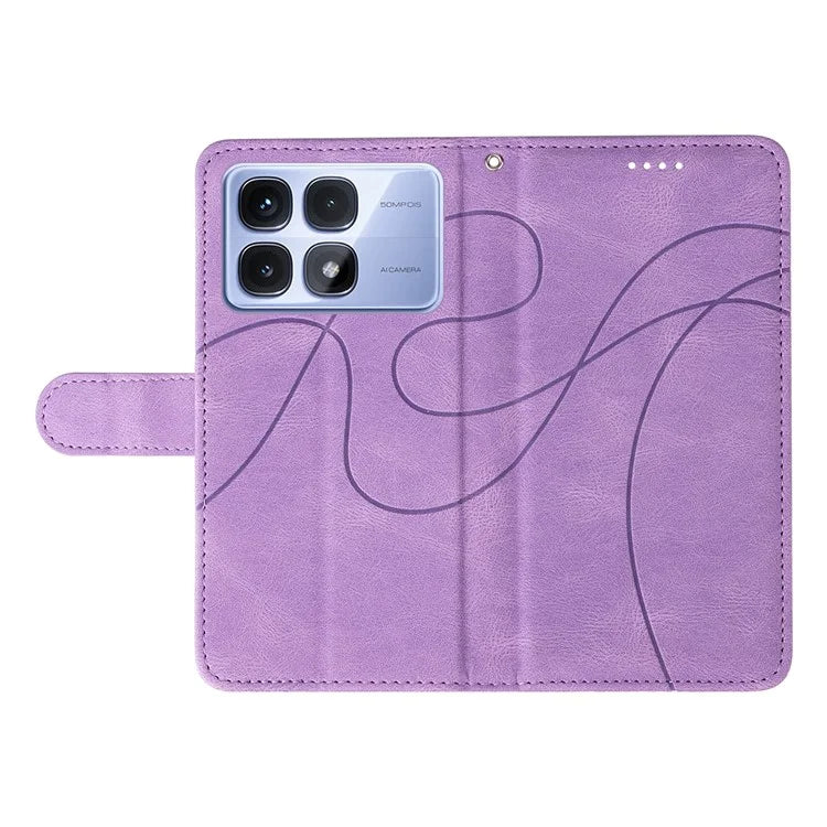 For Xiaomi Redmi K70 Ultra Case Stand Wallet Leather Phone Cover Curved Line Wrist Strap - Blue