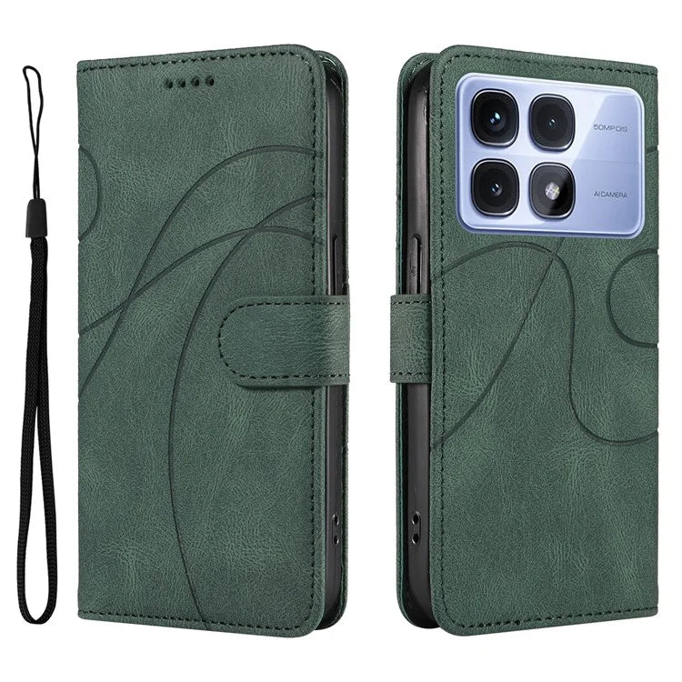 For Xiaomi Redmi K70 Ultra Case Stand Wallet Leather Phone Cover Curved Line Wrist Strap - Blue