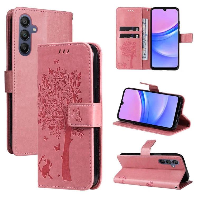 KT Imprinting Flower Series-3 For Samsung Galaxy A16 5G Case Cat Tree Pattern Flip Leather Phone Cover