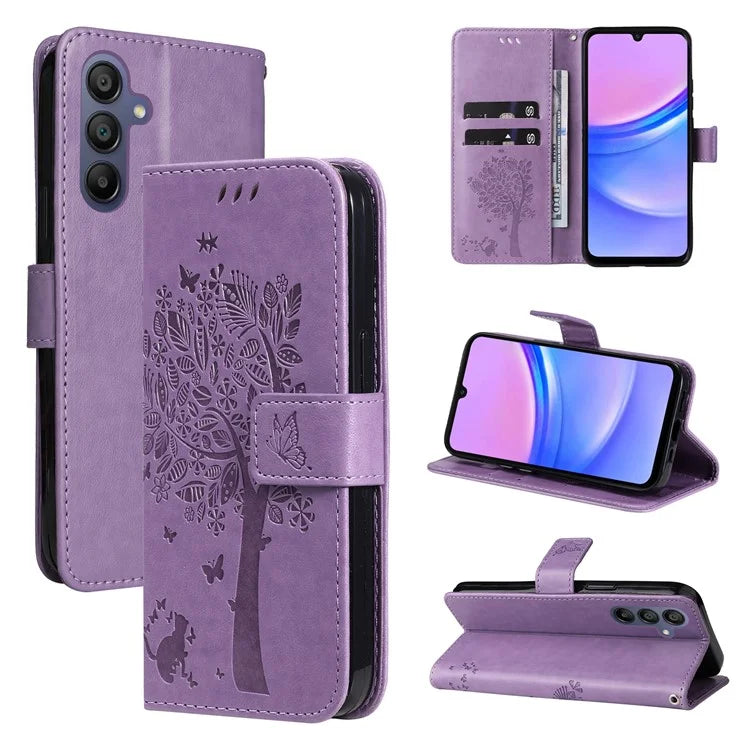 KT Imprinting Flower Series-3 For Samsung Galaxy A16 5G Case Cat Tree Pattern Flip Leather Phone Cover