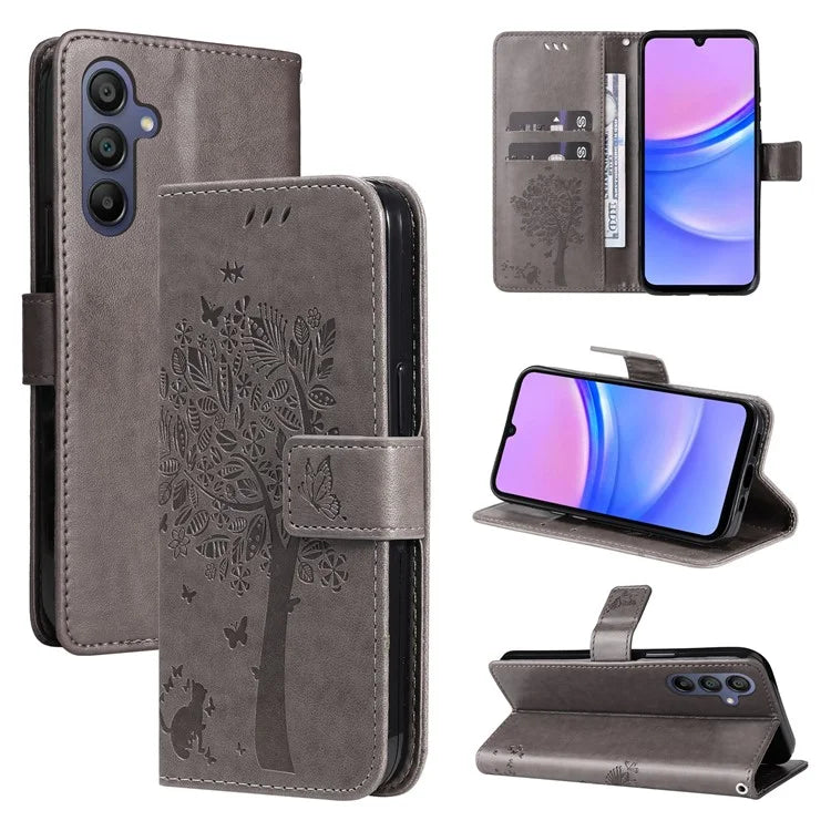 KT Imprinting Flower Series-3 For Samsung Galaxy A16 5G Case Cat Tree Pattern Flip Leather Phone Cover
