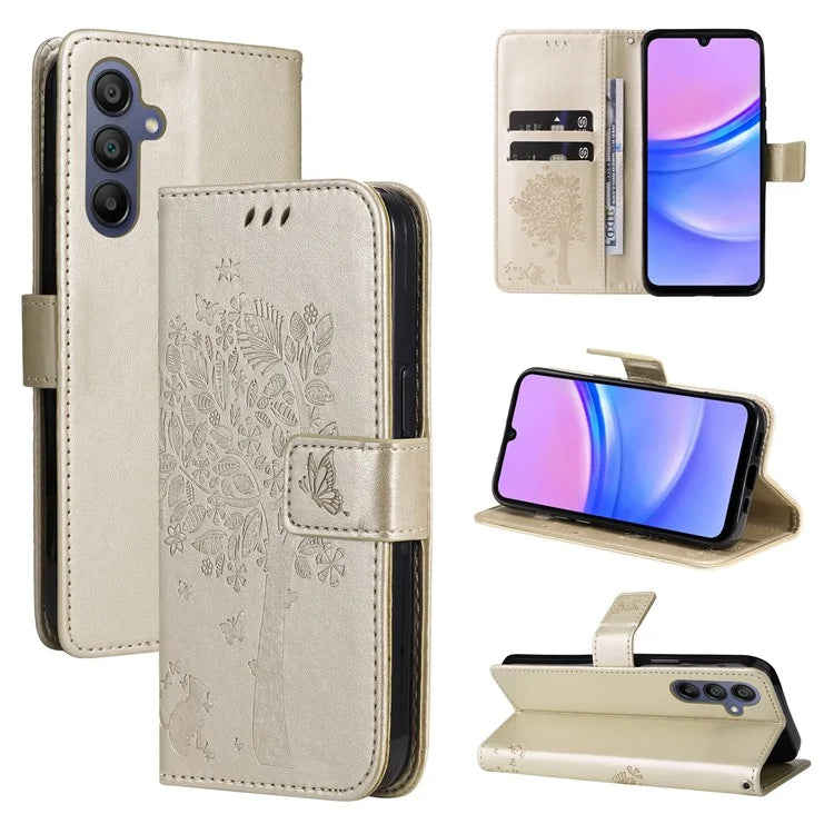KT Imprinting Flower Series-3 For Samsung Galaxy A16 5G Case Cat Tree Pattern Flip Leather Phone Cover