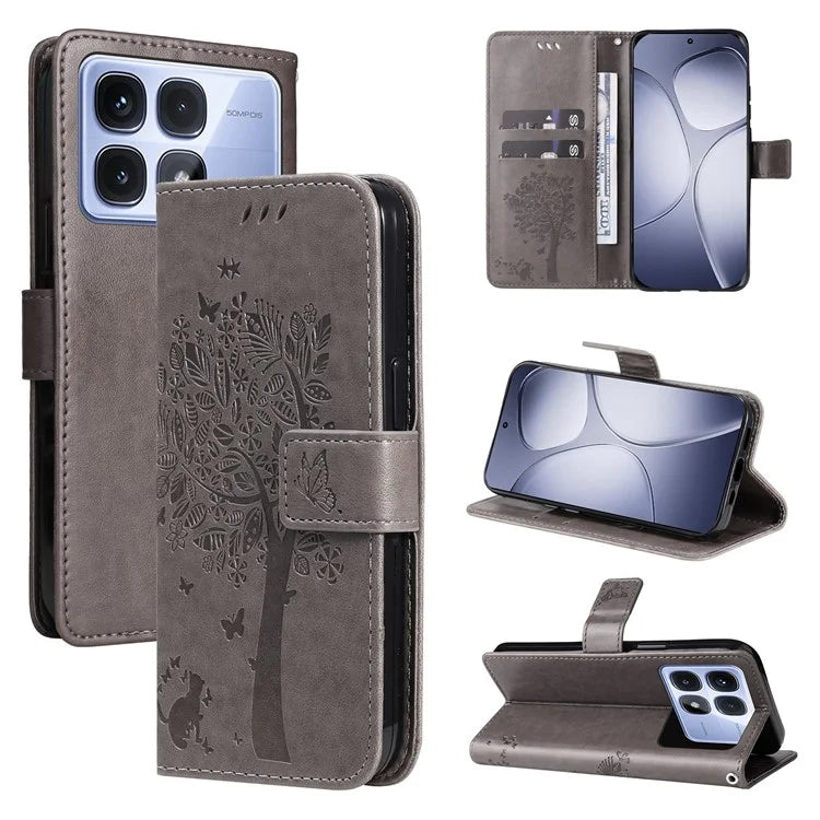 KT Imprinting Flower Series-3 For Xiaomi Redmi K70 Ultra Case Cat Tree Pattern Flip Leather Phone Cover