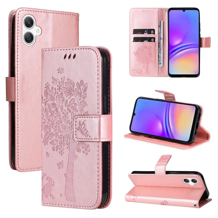KT Imprinting Flower Series-3 For Samsung Galaxy A06 Case Cat Tree Pattern Flip Leather Phone Cover