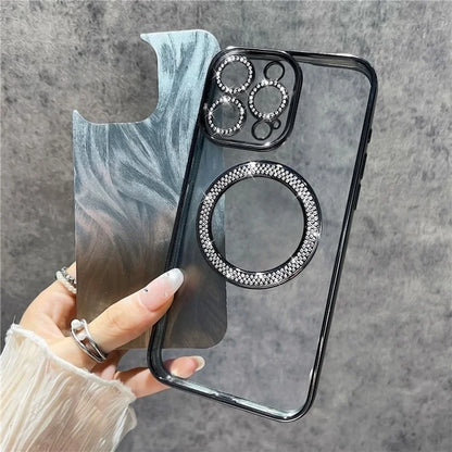 For iPhone 14 Pro Magnetic Case Feather Texture Bling Sparkly TPU + PC Phone Cover