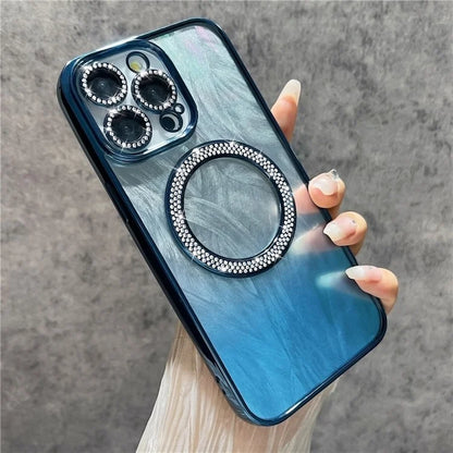 For iPhone 14 Pro Magnetic Case Feather Texture Bling Sparkly TPU + PC Phone Cover